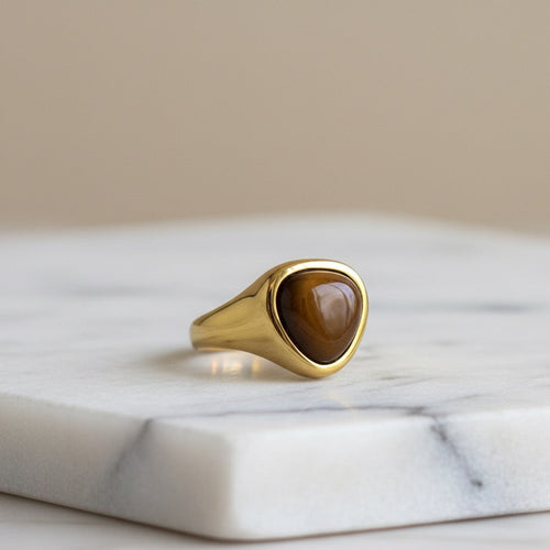 Bague chevalière dorée cabochon ovale noir – acier inoxydable style vintage