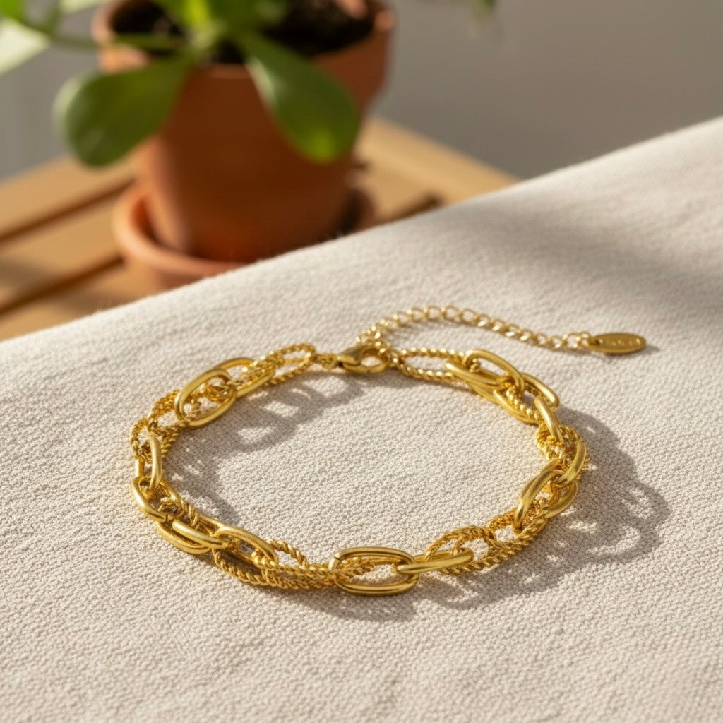 Bracelet chaîne maillons ovales – acier inoxydable doré et argenté style vintage