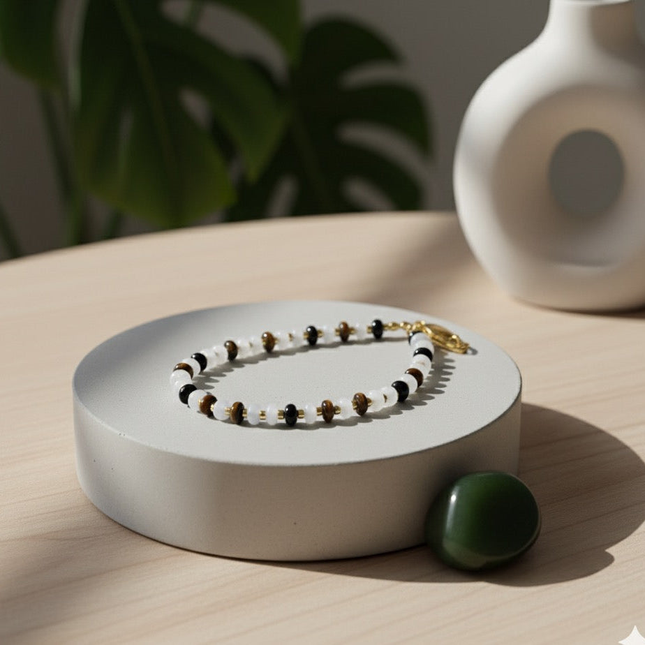 Bracelet perles fines marron et blanches avec fermoir réglable doré