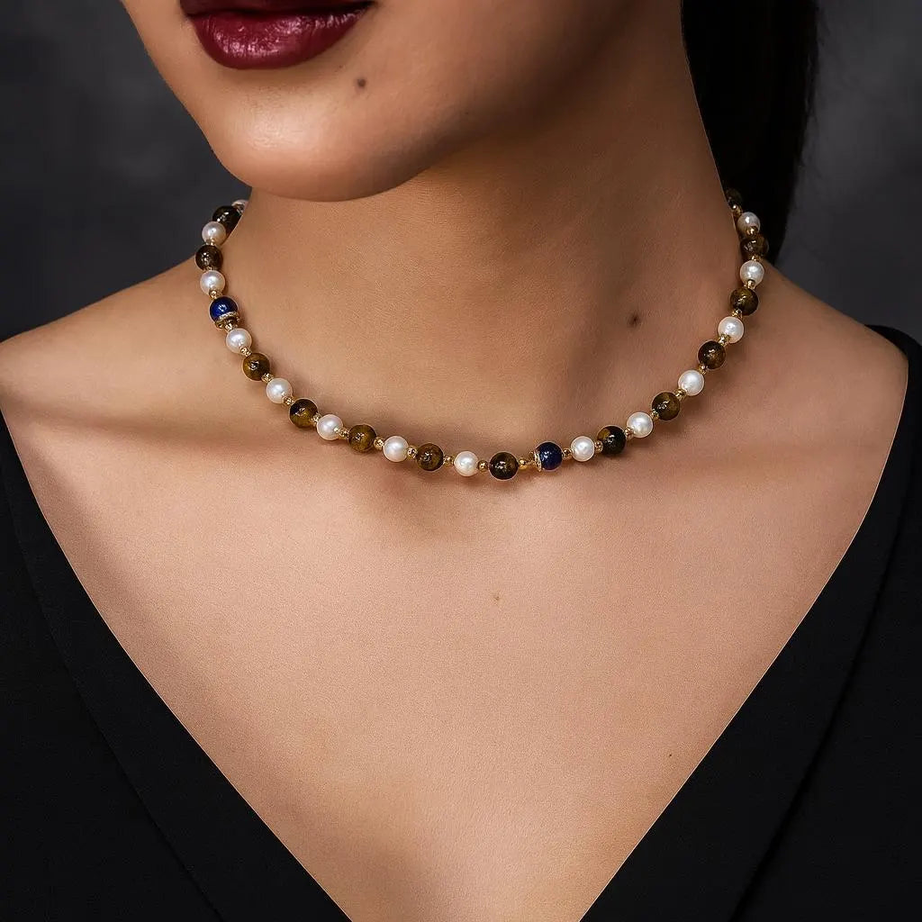 Collier ras-de-cou perles élégantes avec pierres naturelles marron et bleu