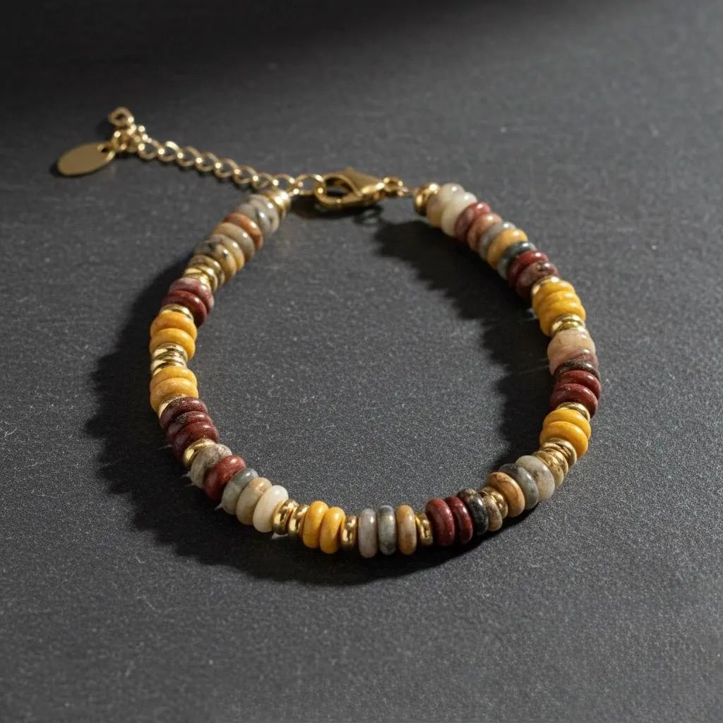 Bracelet perles heishi multicolores – jaspe, œil de tigre et accents dorés